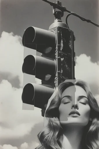 Monochrome Surrealist Montage style reference image — surrealist collage