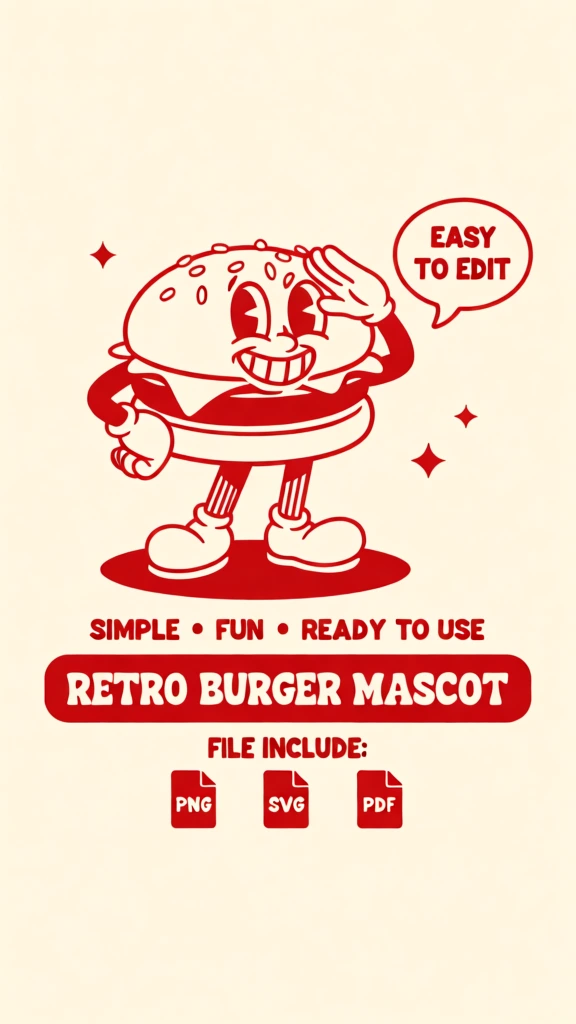 A vintage-style red and cream graphic features a cheerful, anthropomorphic hamburger mascot designed in a 1930s rubber-hose animation style. The central character is a hamburger with a sesame-seeded top bun, large oval eyes with pie-cut pupils, a small nose, and a wide, toothy grin. It has thin, black arms wearing white gloves, with one hand resting on its hip and the other raised to its forehead in a saluting gesture. The mascot stands on thin, striped legs ending in large, rounded sneakers, positioned on a solid red oval shadow. To the right of the character's head, a red-outlined speech bubble contains the red, bold, sans-serif text "EASY TO EDIT". Three small, red, four-pointed stars are scattered around the mascot. Below the character, the red text "SIMPLE • FUN • READY TO USE" is arranged in a horizontal line. Beneath this, a large, red, rounded rectangular banner holds the white, blocky, slab-serif text "RETRO BURGER MASCOT". At the very bottom, the red text "FILE INCLUDE:" is followed by three red document icons labeled "PNG", "SVG", and "PDF" in white, sans-serif lettering. The entire composition is centered against a solid cream background, employing a flat, two-tone color palette and a clean vector illustration style.