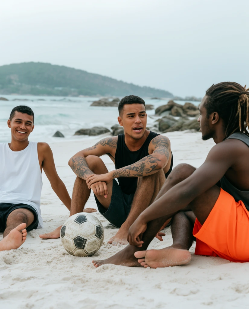 Three barefoot young men relax on a white sand beach around a worn soccer ball. A smiling man in a white tank top leans back on the left. In the center, a tattooed man in a black tank top speaks animatedly with his knees bent. On the right, a man with tied-back dreadlocks and vibrant orange shorts sits in profile. Shot from a low angle in soft, overcast daylight, the casual lifestyle scene features a slightly blurred backdrop of gentle ocean waves, coastal rocks, and a hazy green hill.