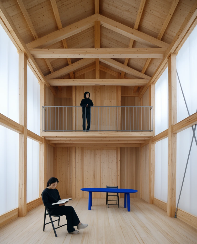Translucent Timber Exposed light wood timber framing, minimalist... | Krea