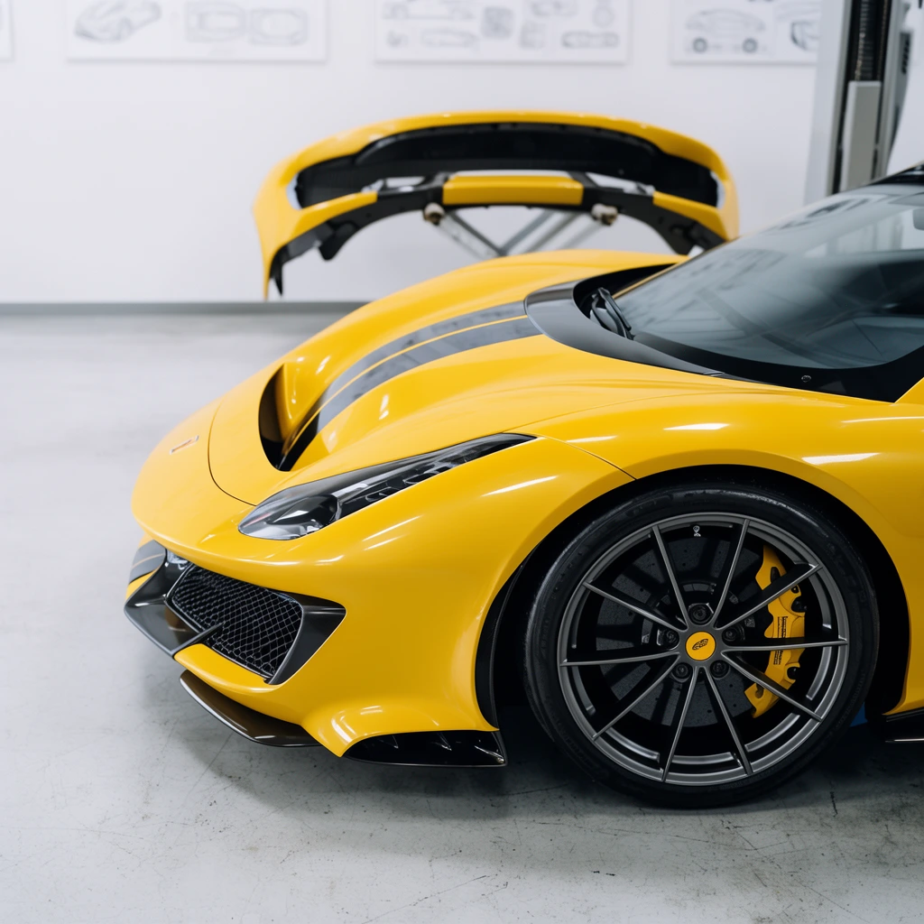 vibrant yellow exotic sports car, front quarter view, aerodynamic curves, deep hood scoop, dark racing stripe, sleek headlights, dark alloy wheel, yellow brake calipers, pristine white workshop, concrete floor, spare bumper and lift in soft focus background, technical diagrams on wall, high-resolution automotive photography, diffused lighting