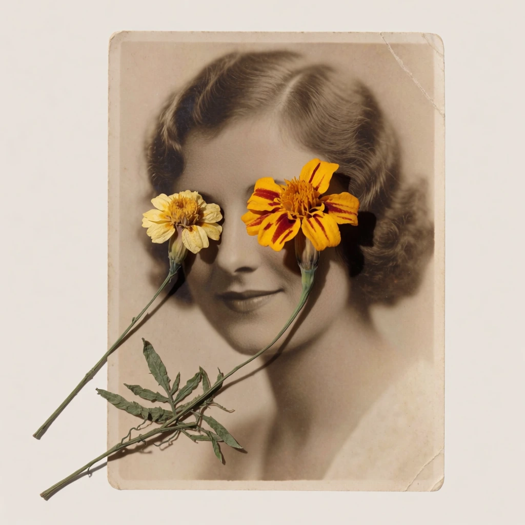 A vintage, sepia-toned portrait of a woman features two dried marigold flowers strategically placed over her eyes, creating a surreal mixed-media composition. The underlying photograph, which appears on a matte paper with soft-focus edges and a visible fold in the upper right corner, depicts a woman with wavy, chin-length brown hair and a faint, serene smile. Her facial features are delicately rendered in muted tones, and her gaze is obscured by the floral additions. Over her left eye rests a small, dried yellow marigold with its thin, vertical green-brown stem extending down toward the bottom left. Her right eye is covered by a larger marigold bloom featuring yellow petals with dark burgundy stripes, its longer stem curving from the bottom left corner to reach the center of the face. Small, jagged green leaves are clustered near the base where the two stems overlap. The lighting on the physical flowers is directional, casting subtle shadows onto the surface of the photograph and emphasizing their three-dimensional texture. The overall color palette is dominated by warm, earthy tones of cream, brown, yellow, and deep red, creating a nostalgic and artistic atmosphere.