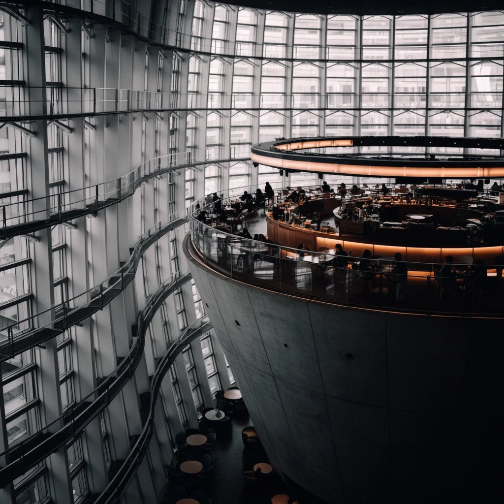 massive modern architectural interior from a high angle, undulating curved glass curtain wall with steel grid framing, giant inverted concrete cone structure featuring a circular cafe platform on top, glowing circular overhead lighting rig, glass railings, silhouetted people dining at small tables, warm ambient light radiating from the cafe counters, dark lower floor far below with scattered round seating areas, contrasting cool daylight, moody desaturated palette, dramatic scale, architectural photography