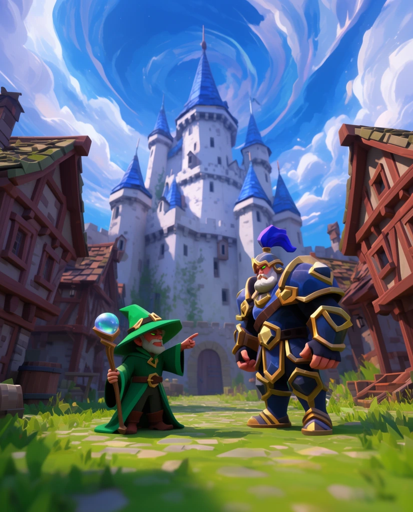 A stylized 3D fantasy town square features a short wizard in a green pointed hat holding an orb-topped staff, pointing at a tall warrior in bulky blue and gold armor. They stand on a grassy cobblestone path surrounded by medieval half-timbered buildings. A massive white castle with blue turrets towers behind them beneath a vibrant sky with swirling clouds. The wide, low-angle perspective highlights the towering architecture and bright daylight of the colorful low-poly environment.
