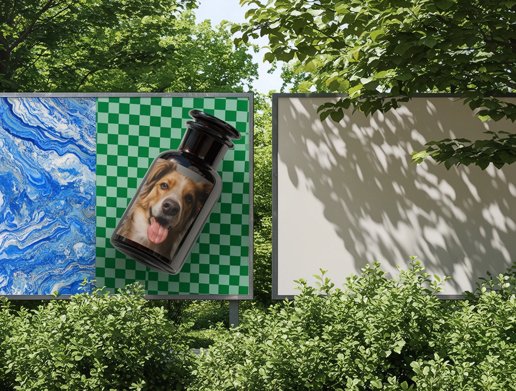 two outdoor display panels surrounded by lush greenery, left panel featuring blue and white marbled textures and a tilted dark glass bottle adorned with a dog portrait on a green checkerboard, adjacent off-white panel dappled with crisp shadows from overhanging tree branches, dense green bushes in the foreground, bright natural sunlight, photorealistic environmental mockup