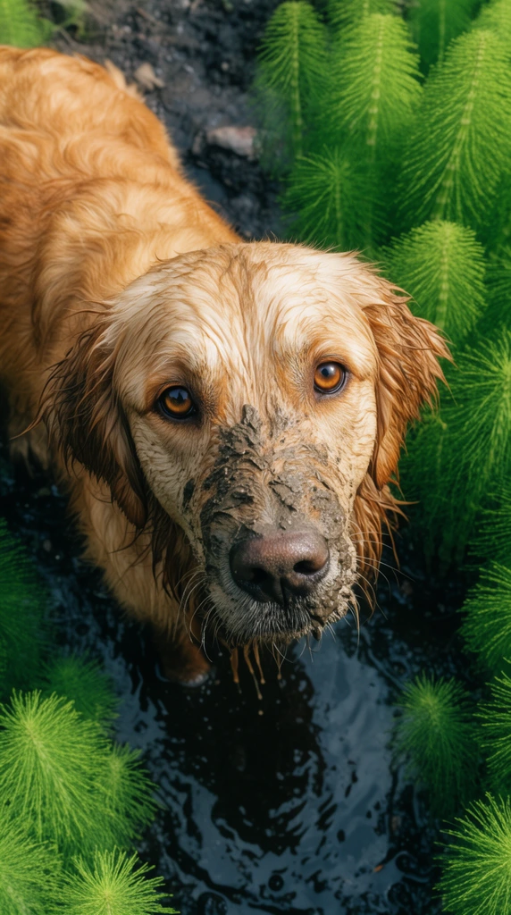 close-up high-angle shot of a wet golden retriever looking directly up at camera, muddy face, damp matted fur, rich amber eyes, standing in shallow dark puddle, lush bright green horsetail plants, natural daylight, earthy textures