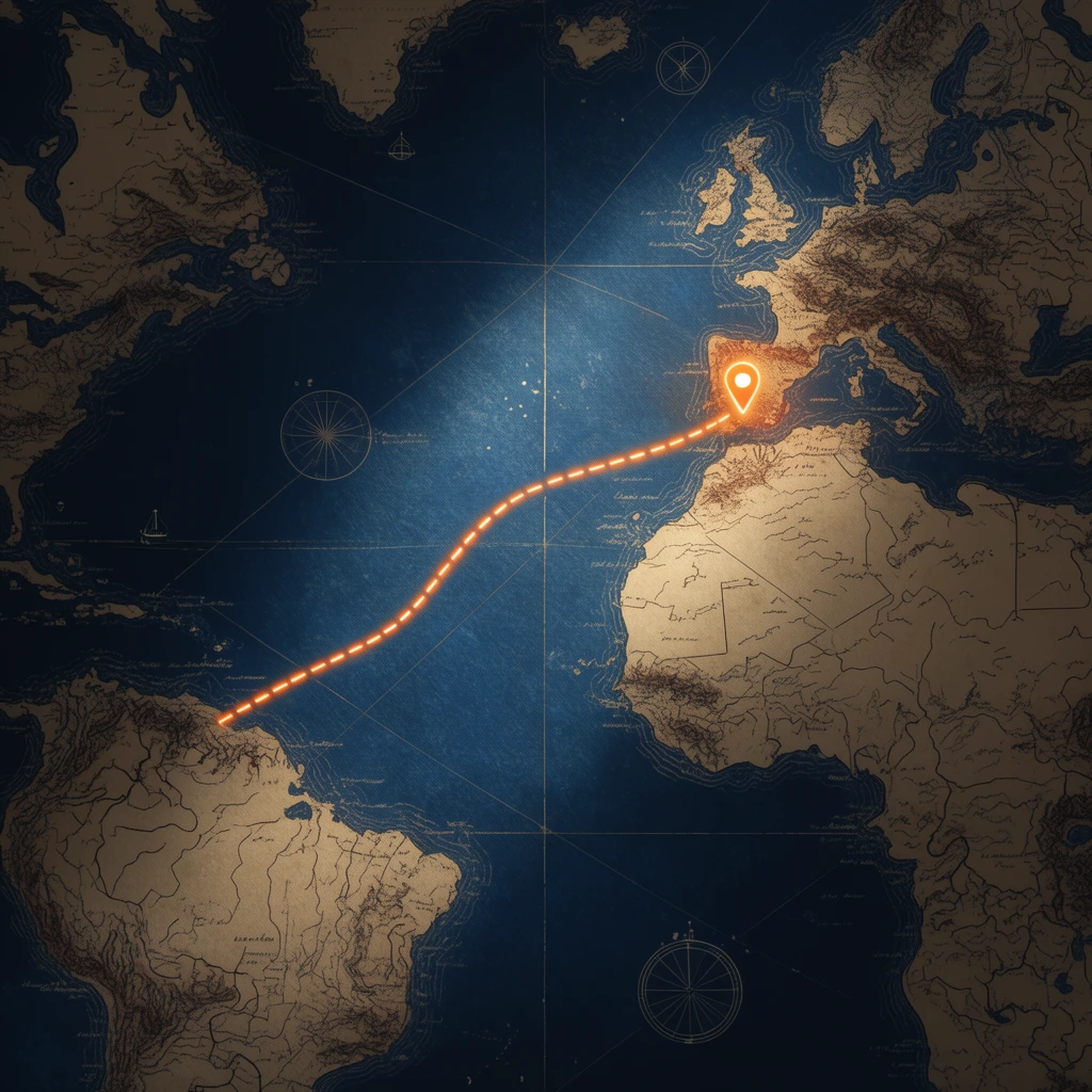 vintage nautical map, deep navy blue oceanic areas, muted tan and dark brown landmasses, glowing orange dashed travel route, bright illuminated orange destination pin, dramatic central spotlight, faint intersecting grid lines, scattered circular cartographic symbols, cinematic lighting, stylized topography