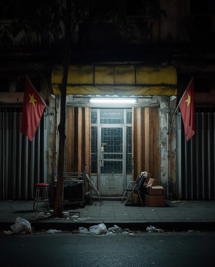 A dimly lit urban storefront at night, illuminated by a harsh white fluorescent tube. The weathered facade features vertical wooden shutters flanking a glass-paned door with metal latticework beneath a faded yellow awning. Flanking the central shop are closed corrugated metal security gates, each flying a drooping red flag with a central yellow star. A slender tree trunk rises from the tiled sidewalk near a red-cushioned stool. Clustered by the entrance are a metal utility cart, folded chairs, and discarded boxes. The dark asphalt street in the foreground is bordered by a curb littered with plastic bags and debris. The straight-on perspective captures a gritty, cinematic atmosphere with high-contrast chiaroscuro lighting.