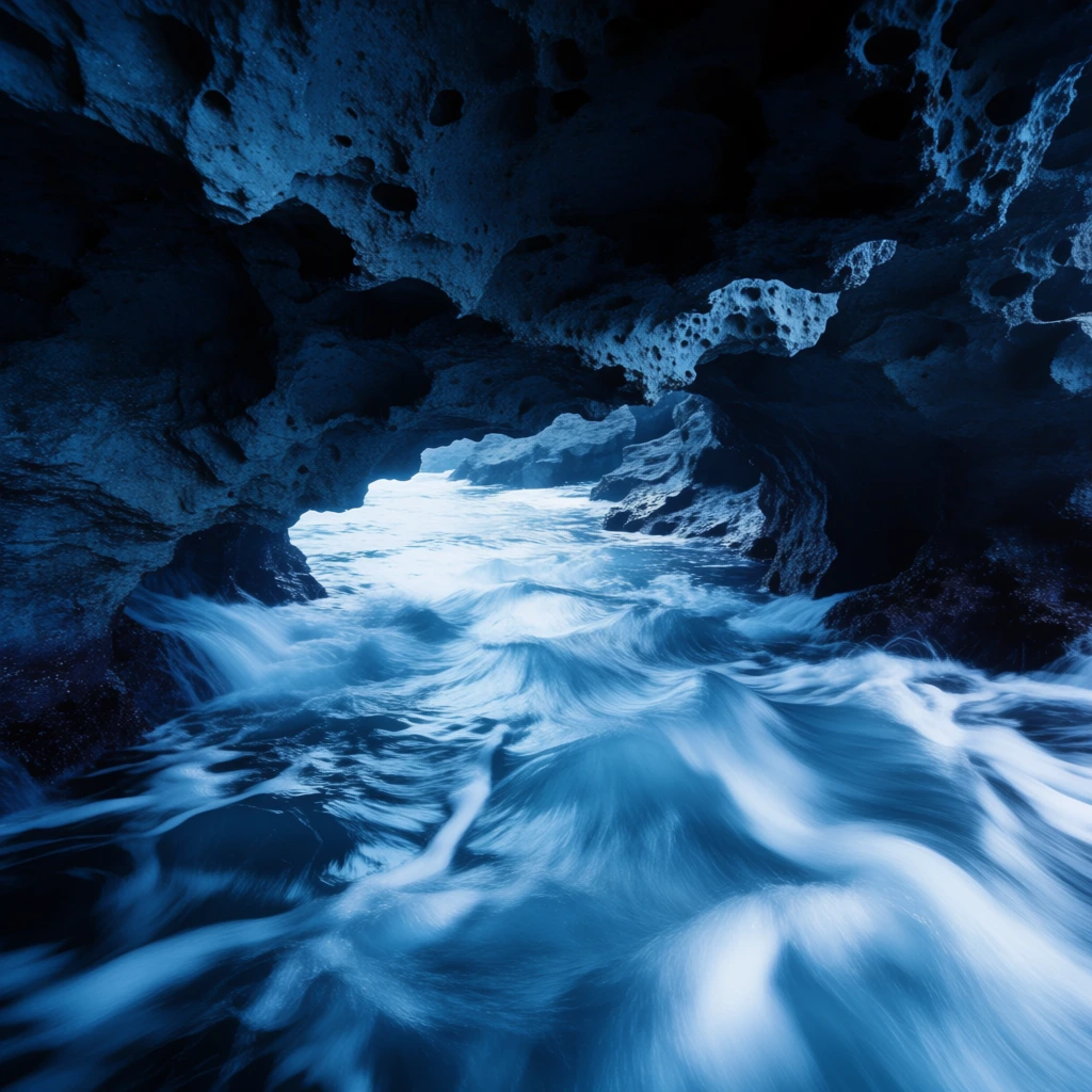 A rushing channel of water flows rapidly through a dark, textured rock gorge, viewed from the deep shadows of a low sea cave. Rugged, porous stone overhangs frame the composition at the top and sides, contrasting sharply with the luminous water below. The churning currents are captured with a long-exposure effect, blurring into silky, ethereal white streaks and dynamic swirls. The entire scene is bathed in a striking monochromatic palette of deep indigo, navy, and bright icy cyan. This intense color grading, combined with the extreme textural contrast between the jagged, cavernous ceiling and the smooth, kinetic surface of the water, creates a highly dramatic, moody visual environment.