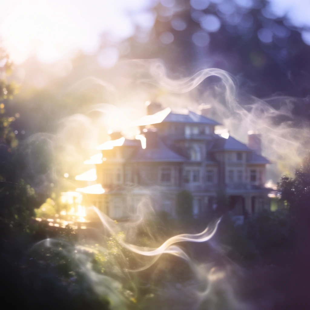 A large multi-story mansion surrounded by trees is dramatically backlit by an intense, diffuse light source, enveloped in illuminated wisps of vapor against a heavily blurred background. The grand architecture features multiple levels and prominent rooflines, with its left-facing edges intensely glowing from a brilliant, overexposed golden-white rim light originating from the upper left. Swirling, ribbon-like trails of smoke and hazy vapor drift across the foreground and trace around the structure, catching the strong directional light to form distinct, luminous arcs in the air. The surrounding trees and foliage dissolve into an extremely shallow depth of field, rendering the background as a soft-focus wash of deep, cool purples, greens, and blues punctuated by large, overlapping circular bokeh. The photographic composition sharply contrasts these cool, low-contrast, milky shadows with blindingly bright, warm highlights, characterized by a hazy optical lens flare and a softly rendered, cinematic aesthetic.