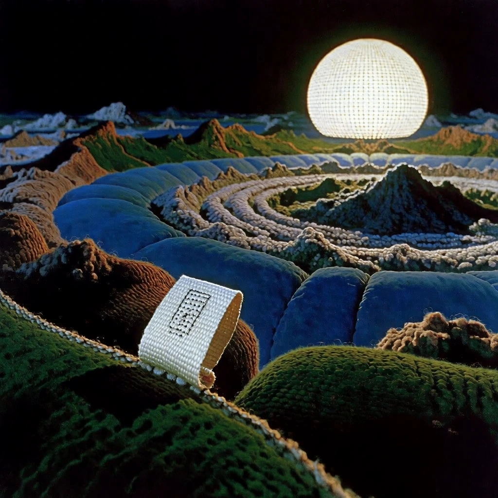 extreme high-angle macro perspective, surrealistic landscape of plush wool sofa cushions arranged like a concentric circular city, deep textured fabric valleys mimicking mountain ranges, a crisp minimalist woven fabric tag protruding from a seam, dramatic lighting from a large glowing spherical lamp in a pitch black void, rich earthy tones of moss green and charcoal gray, sharp focus on intricate knit textures, ethereal atmosphere with soft volumetric light, cinematic tilt-shift aesthetic.