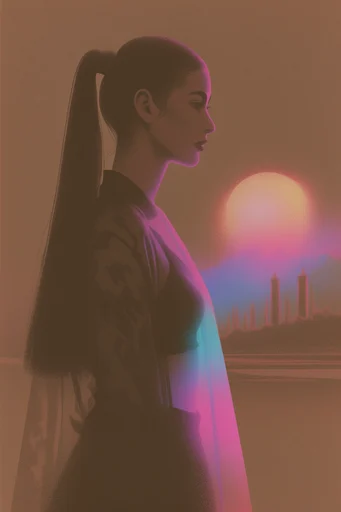 Neon Risograph Noir style reference image — retro-futuristic surrealism