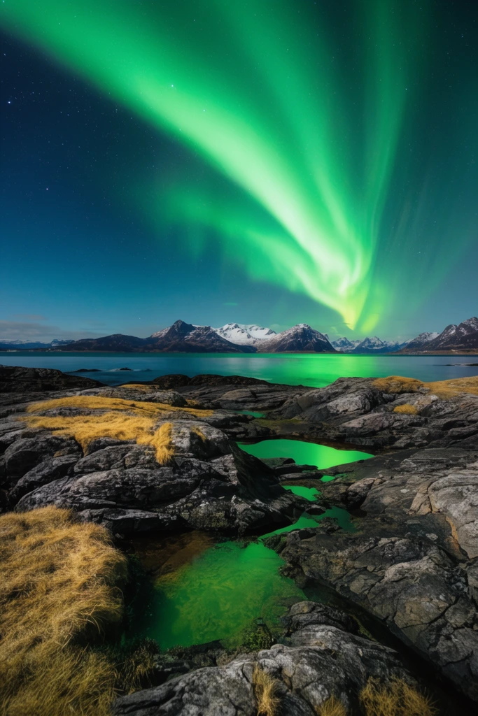 A vibrant green aurora borealis forms a massive sweeping ribbon across a starry night sky above a calm fjord and distant snow-capped mountains. The foreground features rugged dark rocks patched with yellow grass, containing small tide pools that vividly reflect the neon celestial light. Long-exposure, wide-angle landscape photography with high contrast between the luminous atmospheric display and textured coastal terrain.