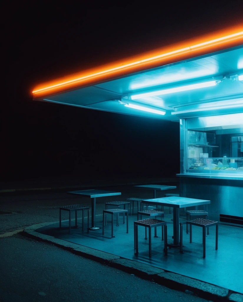 An isolated outdoor food kiosk at night glows with intense fluorescent cyan light against a pitch-black sky. A vibrant orange luminous streak edges the overhanging flat roof. Beneath the brightly lit canopy, empty square metal tables and grid-like stools rest on a smooth floor, casting stark shadows onto the surrounding dark street in a high-contrast, cinematic composition.