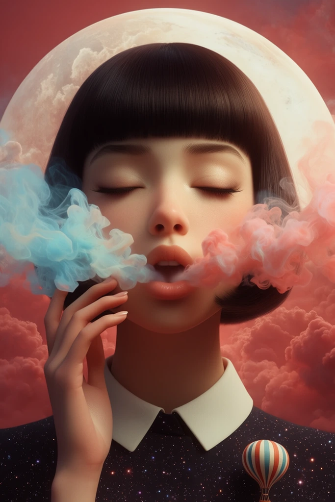 close-up surreal digital portrait of a young woman with a sleek dark bob and blunt bangs, eyes closed and lips parted, exhaling billowing plumes of ethereal pastel blue and coral pink smoke, delicate hand resting near her face, wearing a dark starry patterned top with a crisp white collar, miniature striped hot air balloon motif on her chest, massive pale glowing celestial sphere framing her head, dramatic background of voluminous reddish-pink clouds, smooth stylized rendering, warm cinematic lighting