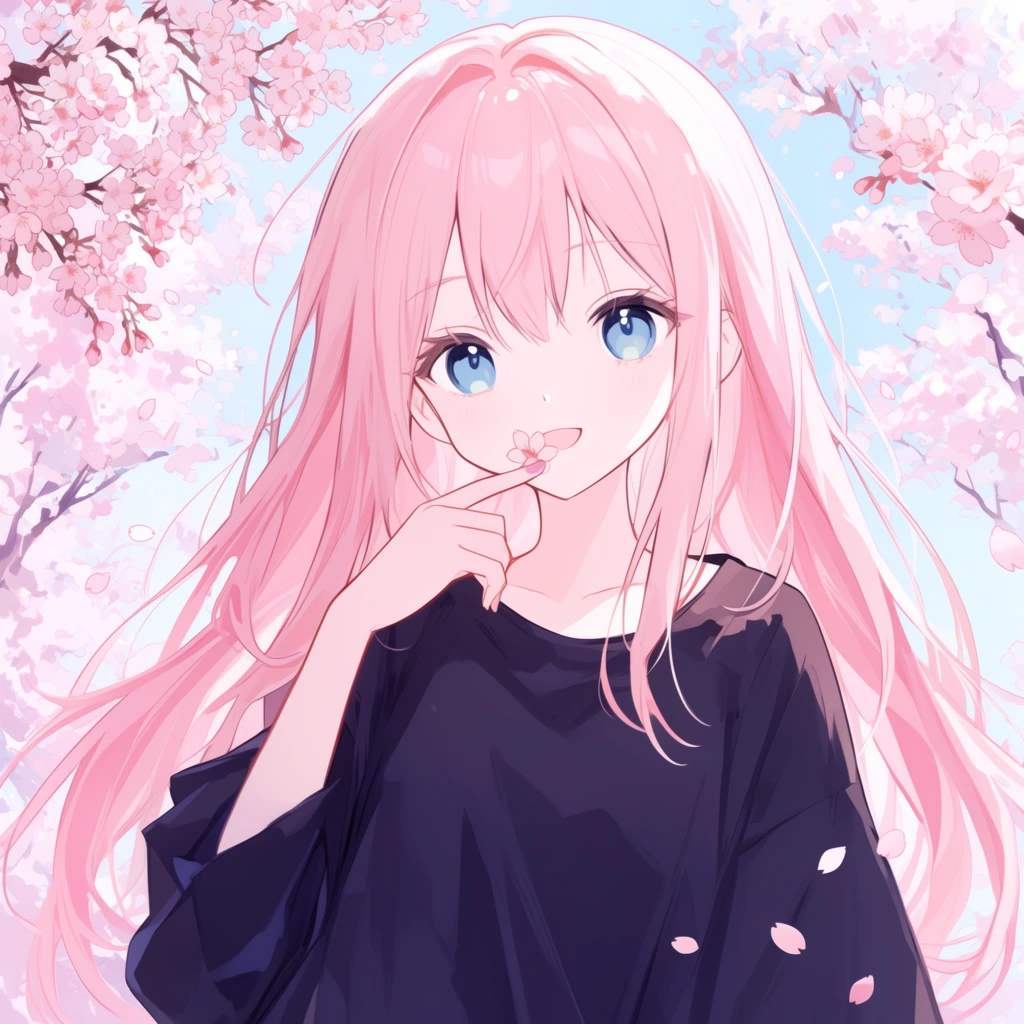 anime-style girl with long pastel pink hair and large blue eyes, holding a cherry blossom petal to her smiling lips with one finger, loose dark navy tunic, blooming sakura trees and light blue sky background, scattered falling petals, soft cel-shaded digital illustration, bright high-key lighting, pastel color palette