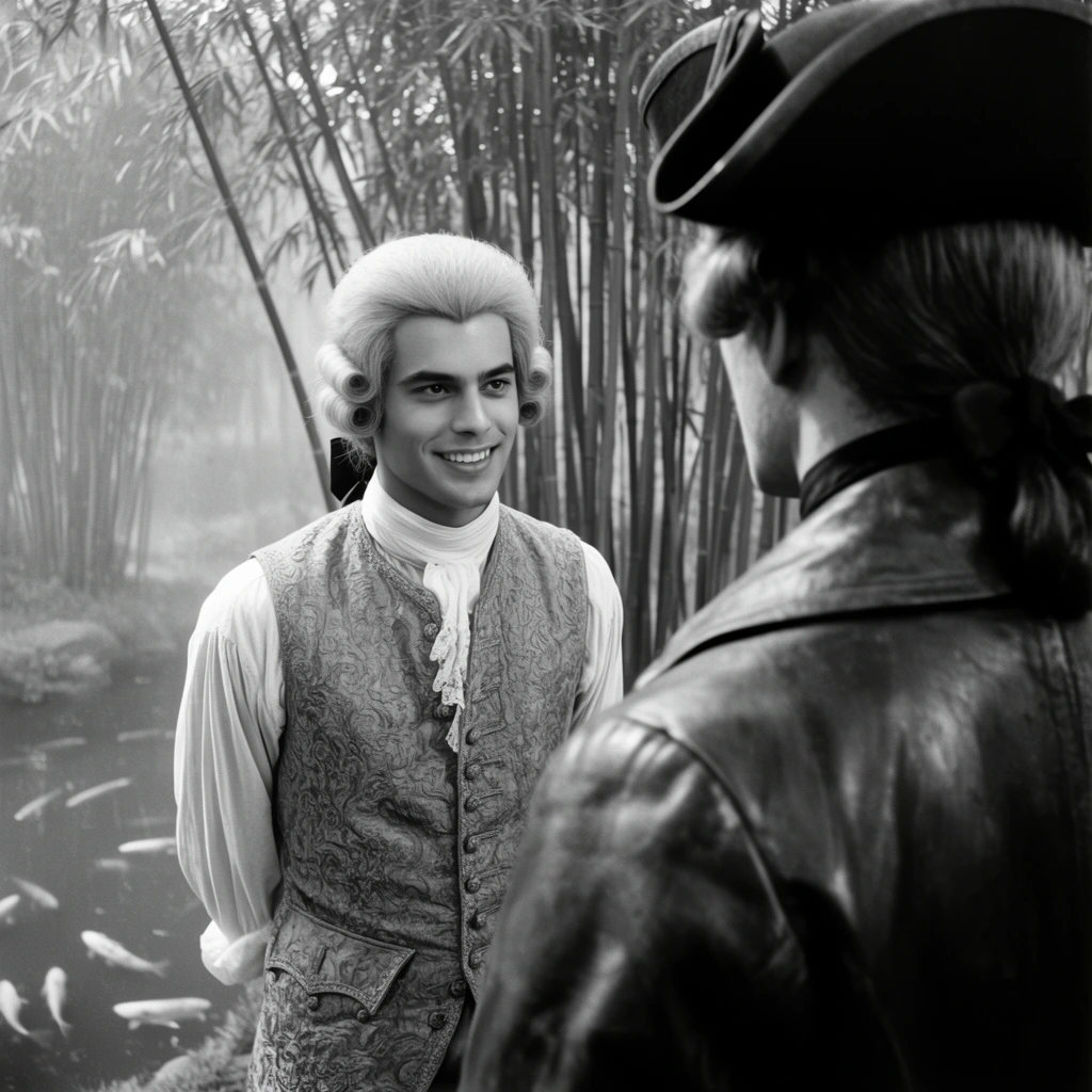 young clean-shaven man with sharp features and powdered wig smiling, wearing a textured brocade waistcoat, facing a foreground figure seen from behind, foreground figure wears a dark tricorn hat and heavy leather coat, misty bamboo forest background with a tranquil koi pond, vintage black and white film still, over-the-shoulder shot, high contrast natural lighting, shallow depth of field, soft focus on foreground, crisp focus on the man