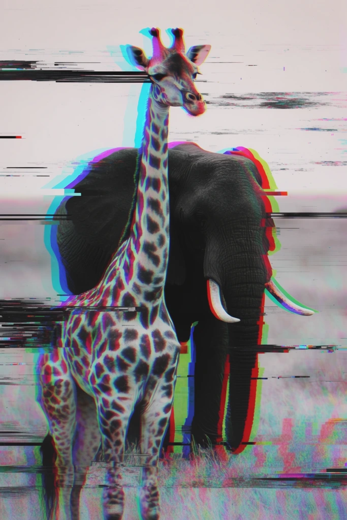 A spotted giraffe stands with an elephant positioned directly behind its neck, rendered as stark, dark desaturated forms against a washed-out pale background. Heavy digital glitch art effects dominate the composition, featuring intense chromatic aberration with vibrant cyan, magenta, red, and green color splitting along the edges of both animals. Bold horizontal displacement lines, digital tearing, and tracking artifacts cut sharply across the frame, creating a high-contrast blend of dark monochromatic base imagery and bright neon digital corruption.
