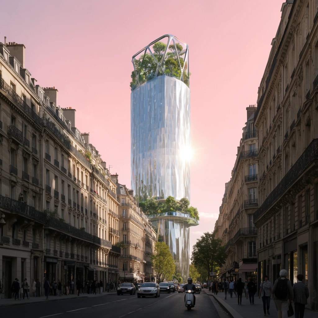 A towering futuristic glass skyscraper rises at the end of a bustling avenue framed by historic European stone architecture under a soft pink sky. The modern structure features a faceted reflective curtain wall catching a brilliant sun glare, topped with an open-air structural crown overflowing with lush trees. A protruding mid-level terrace also holds dense vegetation. Classical buildings with wrought-iron balconies and mansard roofs cast deep shadows over the street. Pedestrians stroll the sidewalks while cars and a motor scooter rider navigate the asphalt below. The photorealistic architectural visualization uses a wide-angle street-level perspective to emphasize the stark contrast between the towering hyper-modern flora-filled high-rise and the traditional urban surroundings.
