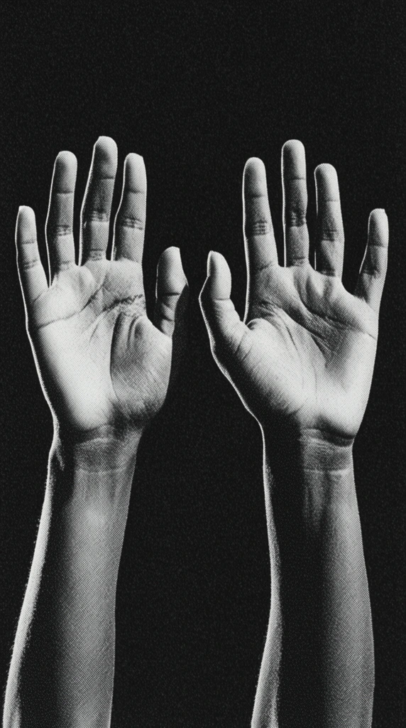 two raised arms with open palms facing forward, high contrast black and white photography, heavy film grain, halftone texture, stark dramatic lighting illuminating skin contours and palm lines, isolated against a solid deep black background, powerful minimalist composition, bold editorial aesthetic