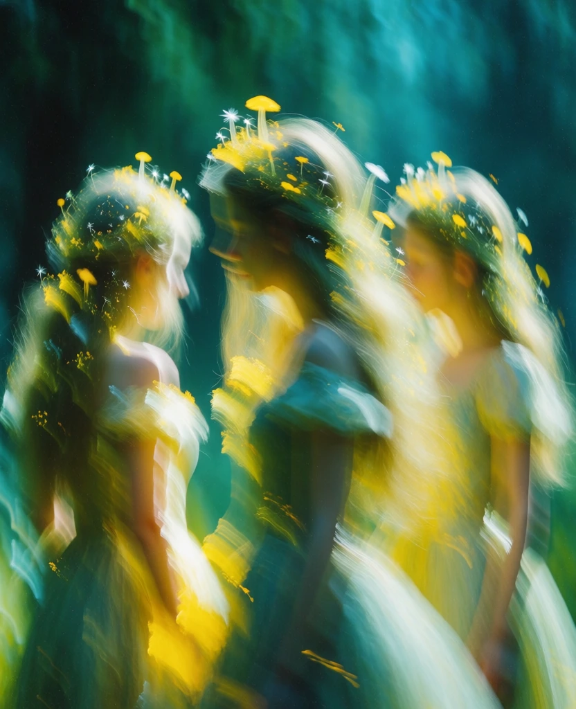 painterly impressionism, intentional camera movement photography, long exposure motion blur, ethereal ghostly trails, three princesses with hair accessories of small mushrooms, tiny stars, and wild flowers, vibrant yellow highlights against a moody deep teal and emerald green background, fluid sweeping vertical motion, soft focus dreamlike atmosphere, fine film grain, organic flowing lines, cinematic lighting, ethereal luminescence, abstract figurative silhouettes, high contrast color palette.