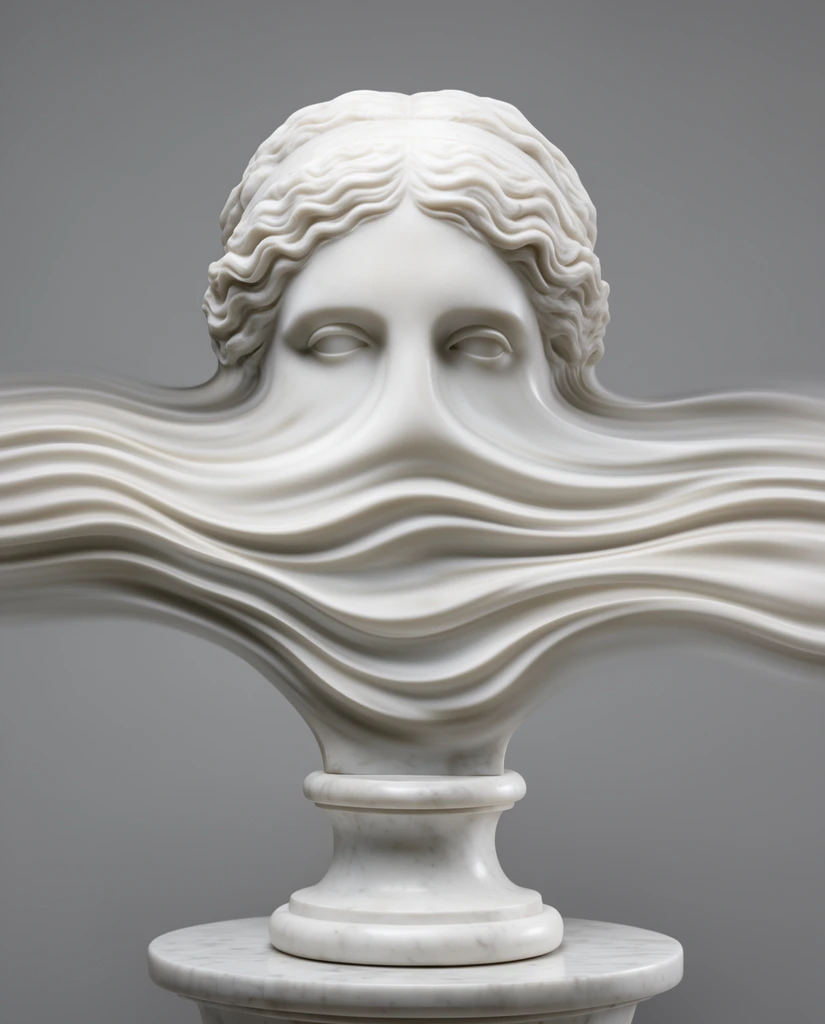 A surreal white marble bust of a classical female head against a solid gray background. The upper half displays serene eyes and wavy hair, but from the nose down, the sculpture violently stretches into fluid, undulating horizontal waves forming a liquid motion blur effect. This drastically warped midsection tapers to rest perfectly upon a traditional tiered round marble pedestal, illuminated by soft studio lighting that emphasizes the pristine smooth stone and surreal sculptural curves.