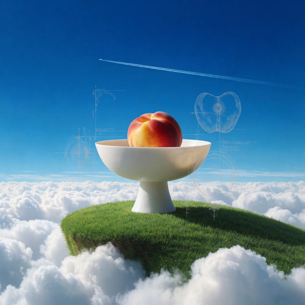 surrealist still life, minimalist white pedestal bowl holding hyper-real fruit, situated on a lush green grassy cliff overlooking an endless sea of puffy white clouds, deep cerulean sky, delicate scientific diagrams and blueprint lines floating around the bowl, dreamcore aesthetic, liminal space, crisp high-definition focus, bright direct sunlight, vibrant saturated colors, uncanny ethereal atmosphere, minimalist composition.