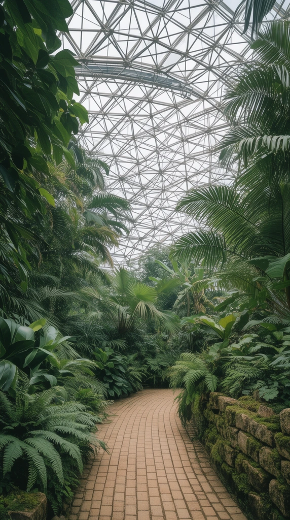 dense tropical botanical garden inside a massive geodesic greenhouse, lush jungle foliage, broadleaf plants, palm fronds, ferns, curved tan brick pathway leading through the greenery, mossy stone retaining wall to the right, towering geometric metal framework of a glass dome ceiling, diffused overcast daylight, vibrant greens, wide-angle perspective
