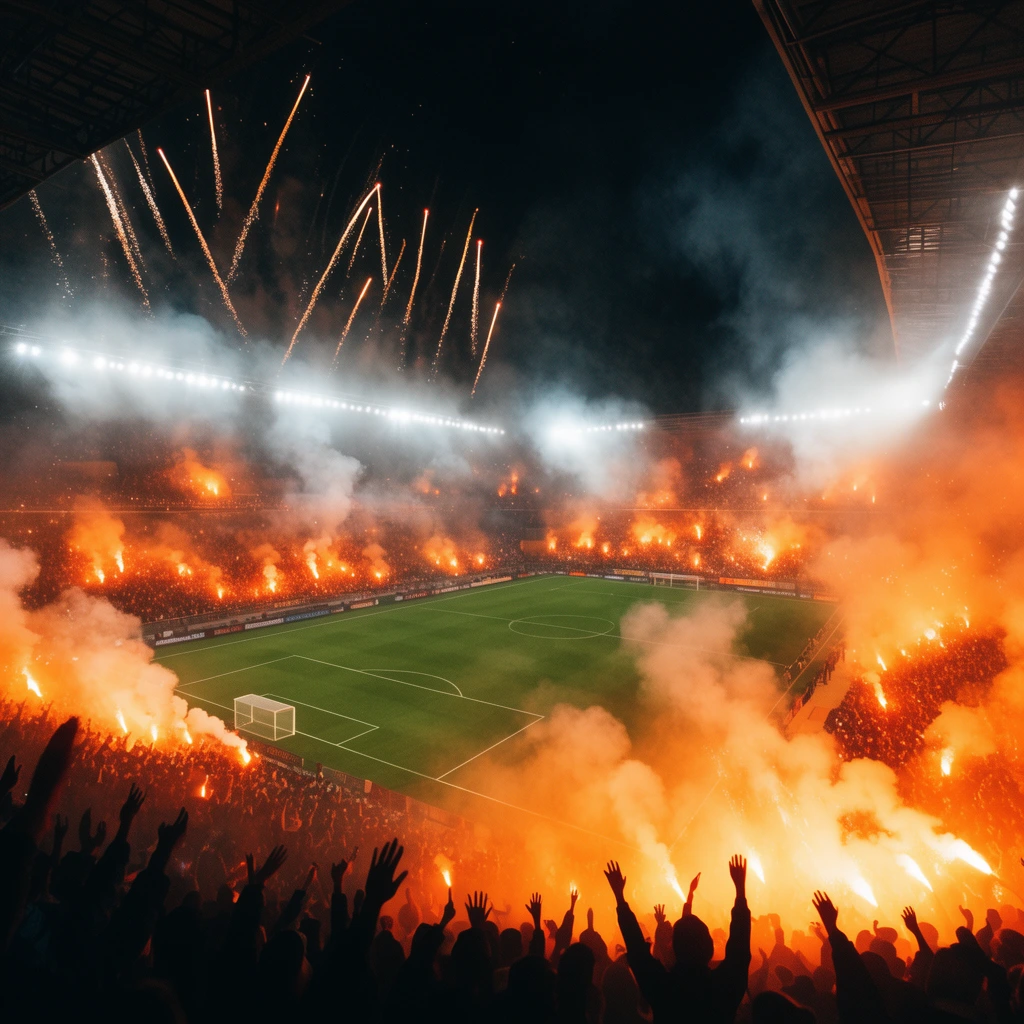 massive stadium crowd at night, intense orange pyrotechnic flares glowing in stands, thick illuminated smoke plumes, bright white floodlights piercing the haze, glowing trails of fireworks shooting into dark sky, illuminated green sports pitch below, silhouetted raised hands in the dark foreground, high angle wide perspective