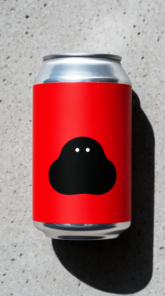 A silver aluminum beverage can rests horizontally on a porous, light gray concrete surface. The metallic cylinder is wrapped in a vibrant, matte red label. Centered on the lower half of this red label is a minimalist graphic depicting a solid black, rounded, amorphous blob with two tiny white dots serving as eyes. Direct, harsh lighting casts a stark, deep shadow from the can towards the bottom right. The flat-lay top-down composition highlights the sharp color contrast between the vivid crimson, reflective silver rims, and the neutral, textured stone background in a clean, modern product photography style.