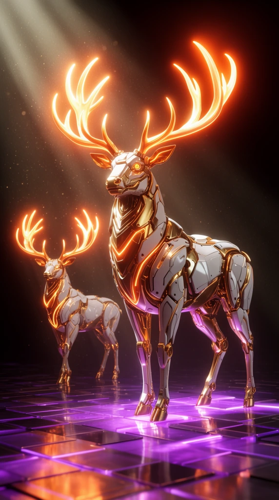 two mechanical stags constructed of polished gold and white metallic plates, sweeping oversized antlers radiating intense glowing orange light, larger stag in foreground, smaller stag behind, luminous lines tracing armor edges, dark environment, reflective square-tiled floor emitting vibrant purple underglow, volumetric light ray from top left, glowing dust particles, futuristic cybernetic wildlife, detailed 3D render, cinematic lighting