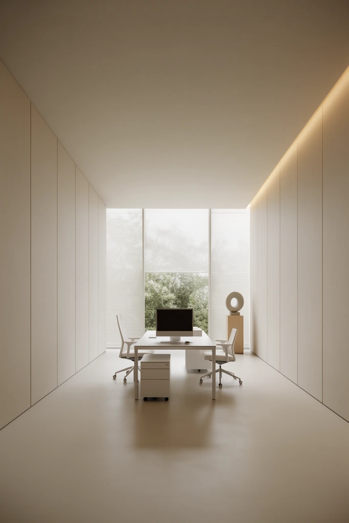 A highly minimalist, elongated office space defined by seamless beige vertical wall panels and a strong one-point perspective leading to a large window framing green foliage. A white desk occupies the center, equipped with a dark computer monitor, a rolling filing cabinet, and two white ergonomic office chairs. A circular sculpture rests on a light wood pedestal in the far right corner. The room features smooth flooring and a flat ceiling. Soft diffused natural light filters through sheer horizontal blinds, complemented by a warm recessed glow along the right ceiling edge, enhancing the serene, monochromatic architectural aesthetic.