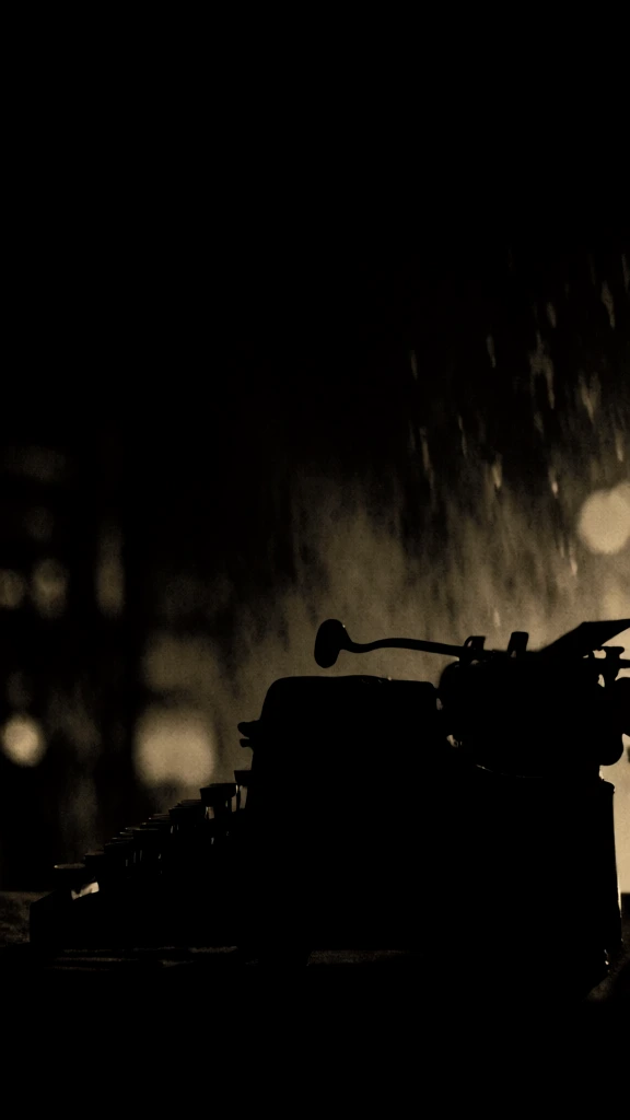silhouette of a vintage typewriter with round keys and a carriage return lever centered in the foreground, high-contrast low-key lighting, deep sepia and charcoal tones, heavy film grain, moody atmospheric film noir aesthetic, vertical streaks of rain glistening against a dark backdrop, distant blurred city lights creating soft golden bokeh, dramatic chiaroscuro composition, tactile textures, underexposed shadows, minimalist framing, evocative 1940s cinematic style.