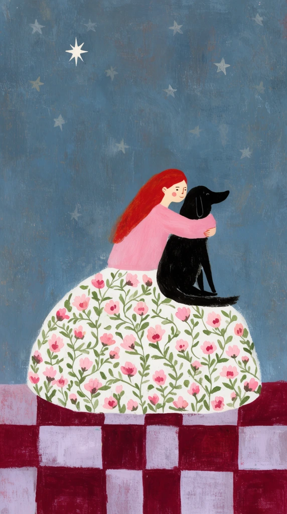 A red-haired girl in a pink top and a voluminous white skirt patterned with pink flowers and green vines embraces a sitting black dog. They rest on a deep red and pale lavender checkered floor against a textured, muted blue night sky. Scattered faded stars and one distinct bright white star float above them. The composition features a naive, flat illustrative style with visible brushstrokes, canvas texture, and a mixed-media aesthetic.