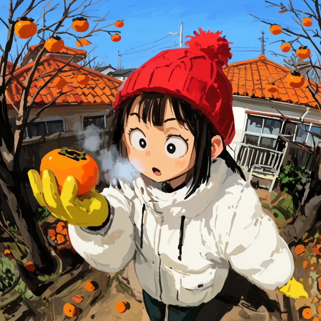 young anime-style girl with surprised wide eyes and visible cold breath, white puffy jacket, red pom-pom beanie, holding an orange persimmon in a yellow glove, dynamic wide-angle pose, suburban backyard, houses with orange tiled roofs, bare branches with hanging persimmons, sunny winter day, rough digital painting style, visible brushstrokes, vibrant color palette