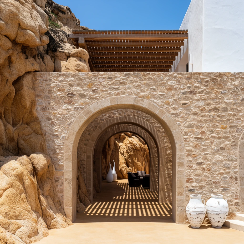 A series of receding stone archways forms a shaded passageway integrated seamlessly into a rugged natural cliff face under a clear blue sky. The primary wall is constructed from textured beige masonry featuring three prominent semicircular arches. To the left, massive organic tan rock formations abut the stonework. Overhead, a wooden trellis casts stark, parallel linear shadows across the smooth sun-baked floor. In the right foreground, two weathered white ceramic amphorae rest on the ground beneath a section of pristine white stucco architecture topping the wall. Deep within the tunnel, two slender teardrop-shaped white sculptures and dark patio furniture sit against the sunlit rock. The bright, high-contrast architectural photography emphasizes the rhythmic depth of the arches, contrasting rough organic textures with warm earth tones and sharp geometric shadows.