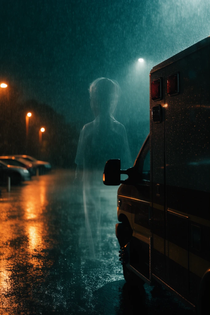 Parked emergency ambulance at night in heavy rain, faint transparent human silhouette superimposed in center, wet parking lot, warm orange streetlights, reflections on slick asphalt, water droplets on dark metal, moody atmosphere, deep shadows, cinematic lighting, teal and orange tones
