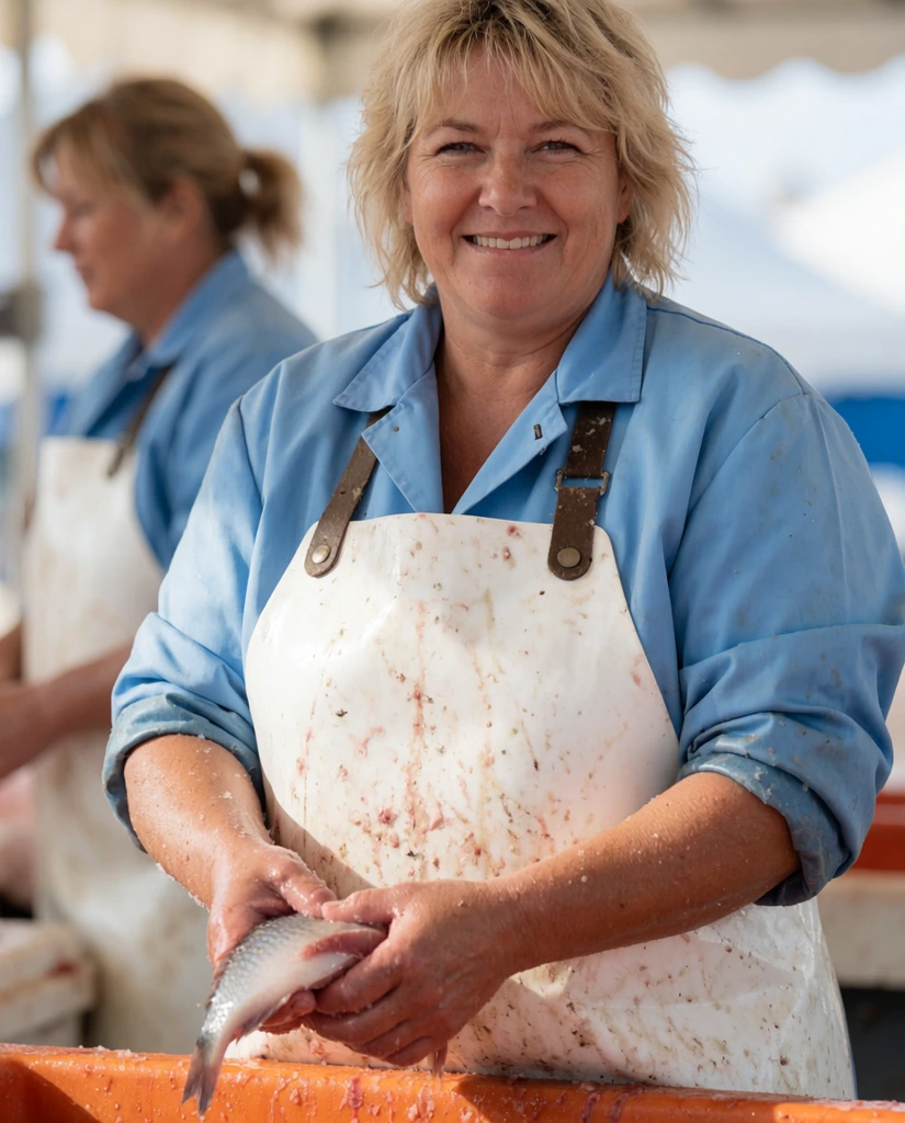 Candid medium shot of a smiling, middle-aged blonde fishmonger bathed in bright daylight. She wears a light blue smock and a heavily splattered white apron with brown straps. Her rough, salt-crusted hands grasp a small raw fish above an orange work surface. A softly blurred second worker in matching attire stands in the shallow-depth-of-field background.