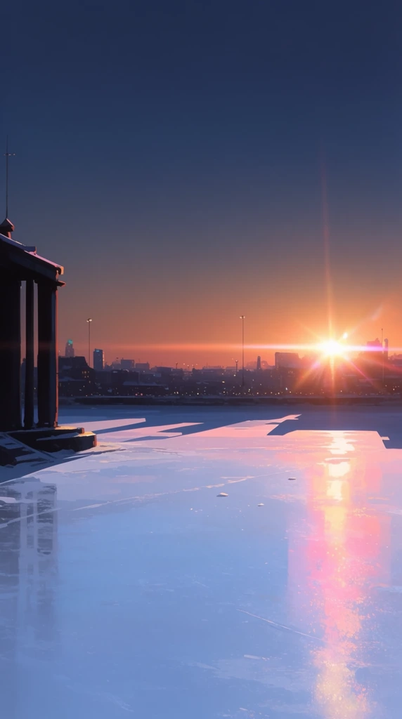 A vast, smooth expanse of pale blue ice dominates the foreground of a winter landscape at sunrise, its surface catching vibrant pink and golden reflections. To the left, a dark silhouetted architectural structure with vertical pillars casts sharp geometric shadows onto the frozen ground. In the background, a sprawling city skyline rests along a low horizon line, punctuated by distant streetlights and towers in deep shadow. The sky features a smooth gradient from deep indigo at the top to luminous orange at the base. On the right, the sun crests the cityscape in a brilliant starburst, casting a striking horizontal lens flare and bathing the scene in a warm, ethereal glow rendered in a highly detailed, cinematic painterly animation style.