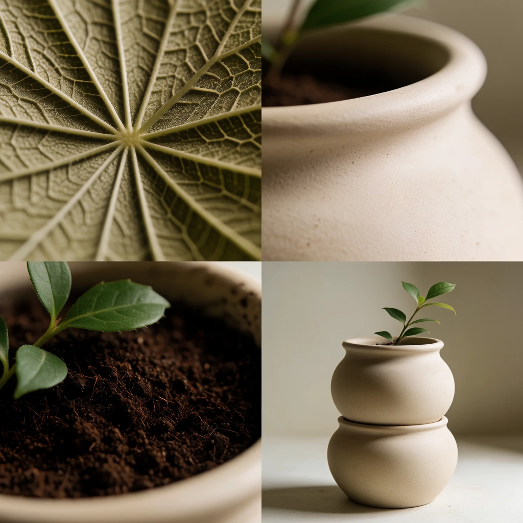 2x2 grid composition showing a still life arrangement of a potted plant, top left extreme macro of intricate leaf veins, top right close-up of a matte clay pot texture, bottom left high-detail view of dark organic soil, bottom right minimalist wide shot of the plant in soft natural light, muted olive and earthy color palette, soft side-lit shadows, focus on tactile surfaces, organic geometry, editorial aesthetic, all in sharp focus, all in lowercase