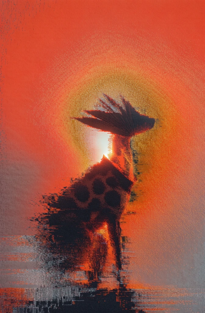 a single origami animal with bold spots and a large fanned palm leaf rendered as sharp silhouettes, positioned centrally against a radiant blindingly bright golden-orange halo, monochromatic palette of fiery vermillion and burnt sienna, heavy digital glitch aesthetics with horizontal pixel sorting and stippled noise, edges dissolving into aggressive jagged streaks, high-contrast backlighting, ethereal lo-fi digital texture, sand-blasted grain, atmospheric and unstable.