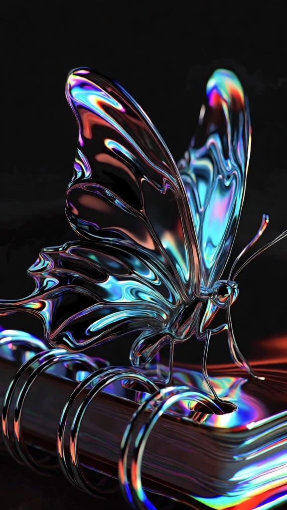macro cgi render of a butterfly perched on a spiral-bound notebook, reimagined with a liquid chrome iridescent aesthetic, shimmering oil-slick surfaces, deep obsidian base with vibrant neon cyan and magenta highlights, prismatic light refractions, chromatic aberration along the edges, fluid organic forms, glossy holographic finish, dramatic rim lighting against a void-black background, intricate iridescent wing patterns, metallic spiral coils with high-specular reflections, cinematic flowing com