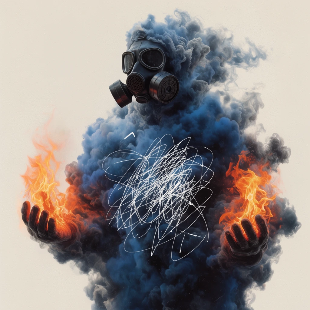 surreal humanoid figure composed of billowing smoke, black dual-filter gas mask, plain off-white background, torso formed from dense volumetric clouds in deep blue and charcoal, bright orange flames erupting from hands, chaotic white scribbled lines forming abstract overlay on chest, mixed media, photorealistic fire combined with graphic illustration, high contrast