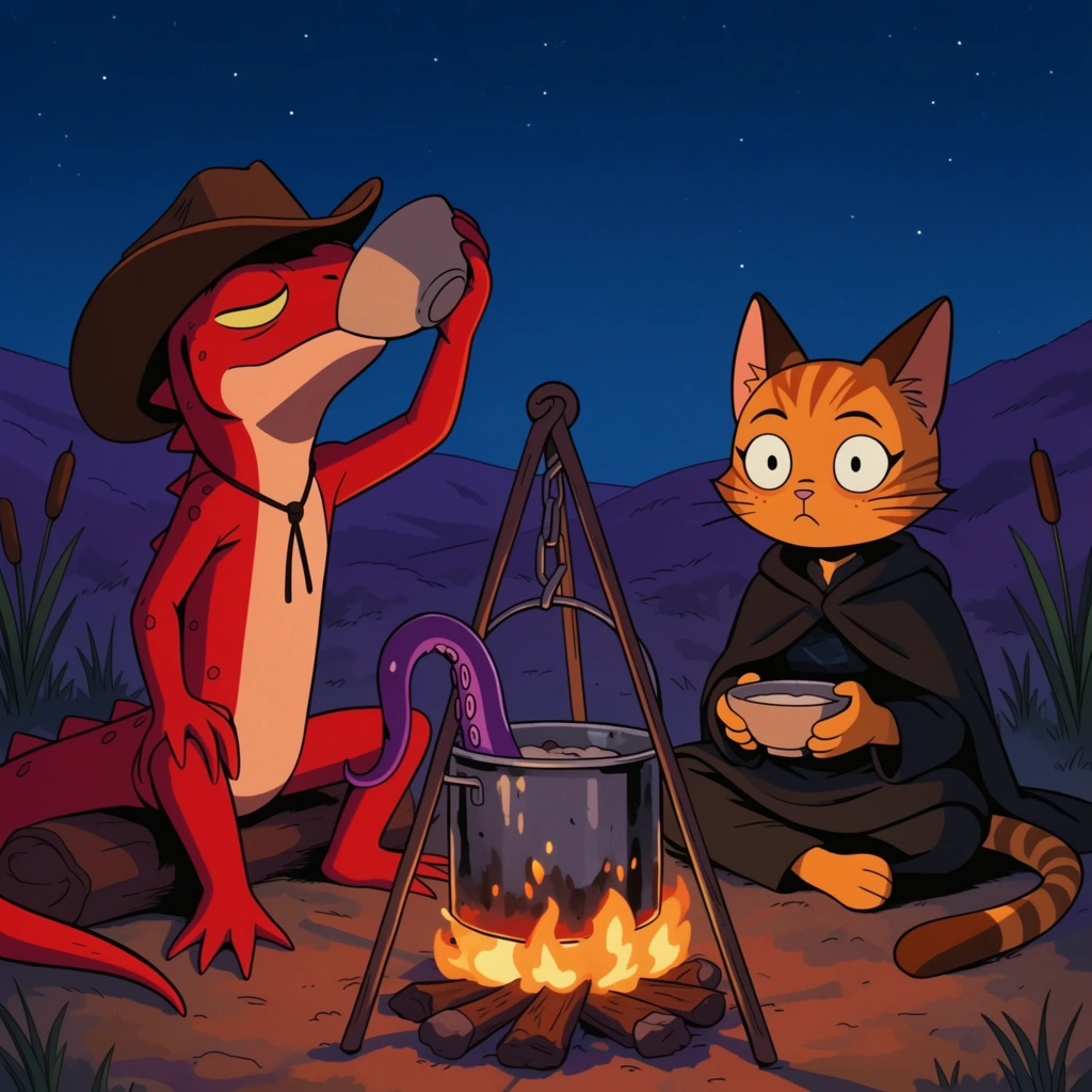 2D animation style illustration of two anthropomorphic characters at a night campfire, a red lizard wearing a brown cowboy hat leaning back greedily chugging from a bowl, a wide-eyed orange feline in a dark cloak sitting cross-legged holding a bowl, a metal cooking pot on a tripod over crackling flames with a purple tentacle hanging out, dark blue starry night sky, rolling purple hills, cattails, flat colors, clean dark linework, cel shading, warm orange fire rim lighting contrasting with cool blue shadows, expressive comic aesthetic