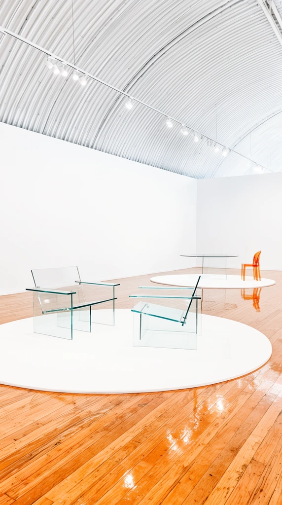 minimalist gallery exhibition of transparent furniture, two angular glass armchairs on solid white circular floor mats, warm glossy hardwood floor reflecting the pieces, distant glass table and translucent orange plastic chair, stark white walls, arched corrugated metal ceiling with track lighting, bright high-key illumination, wide architectural perspective