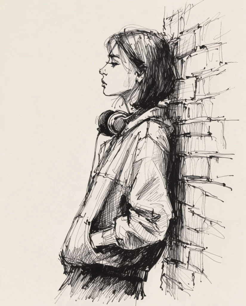 A black pen and ink sketch on off-white paper of a woman in profile leaning against a brick wall, with headphones resting around her neck. Expressive, rapid linework and dense crosshatching define the shadows, clothing folds, and textures. The brick wall is rendered with loose, sketchy strokes and varied line weights. The illustration relies purely on black ink strokes and hatching density for visual depth, creating a raw, hand-drawn aesthetic against the plain untextured background.