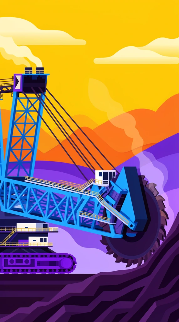 A vibrant geometric vector illustration of a massive bucket-wheel excavator featuring bright blue lattice booms, a purple treaded chassis, and a jagged circular saw cutting into rock. Smoke rises against a stylized landscape of rolling purple hills, orange mountains, and flat clouds under a bright yellow sky.