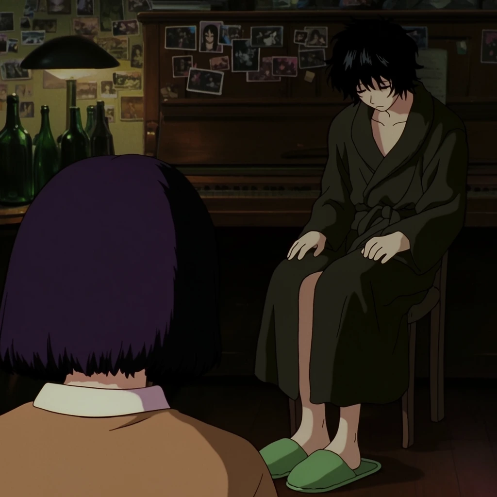 1990s cel-shaded anime style, two people in a dimly lit moody room, foreground figure seen from behind with short dark purple bob and tan top, background pale figure with messy black hair slumped exhausted in a chair wearing a dark olive bathrobe and green slippers, wooden piano against a wall plastered with overlapping scattered photos, table with dark green glass bottles, desk lamp, heavy shadows, muted earthy color palette, cinematic framing
