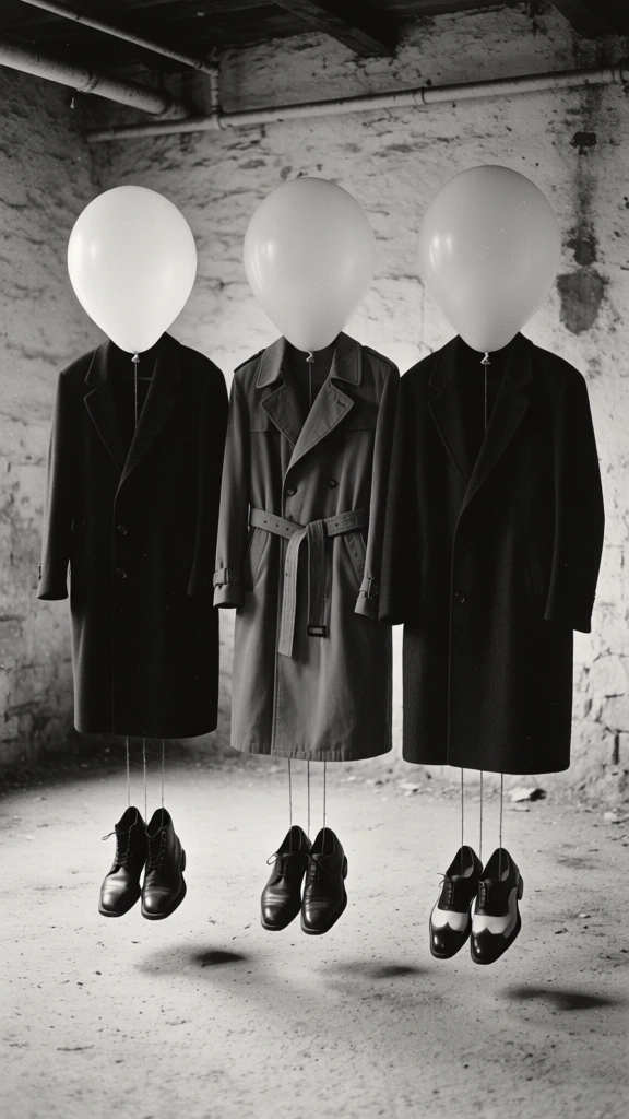 Three outfits, each composed of a large balloon, a coat, and a pair of shoes, stand in a horizontal row within a rustic industrial setting. On the far left, a large, white, spherical balloon is attached to a hanger holding a long, dark coat, with thin vertical strings extending from the coat's hem to a pair of black boots resting on the concrete floor. The middle figure consists of a similar white balloon suspending a lighter-toned trench coat with a tied belt and visible lapels, connected by thin strings to a pair of dark dress shoes. On the right, a third large white balloon is tied to a dark coat, which is connected by strings to a pair of two-tone black and white oxford shoes. The figures are positioned in the center of a room featuring a textured, light-colored concrete floor and a background of aged, pale stone or brick walls with visible stains and wear. Horizontal pipes are visible near the ceiling at the top of the frame. The image is a black and white photograph with a grainy texture and a surrealist aesthetic. Lighting enters from the side, casting soft, elongated shadows from the shoes onto the floor. The camera angle is straight-on and eye-level, capturing the full height of the floating ensembles from the balloons to the floor.