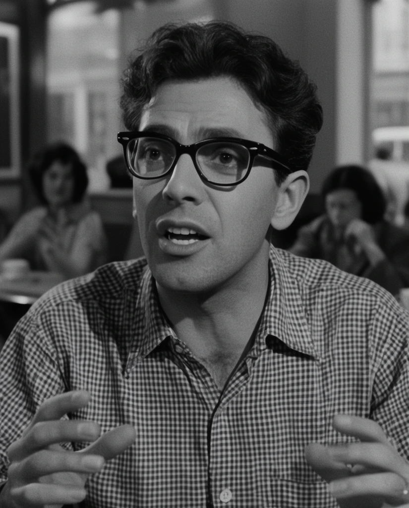 black and white film still, man with dark wavy hair and thick black-rimmed glasses, speaking passionately with hands slightly raised, wearing a checkered button-down shirt, shallow depth of field, out-of-focus cafe background with seated patrons, classic cinematic lighting, high contrast